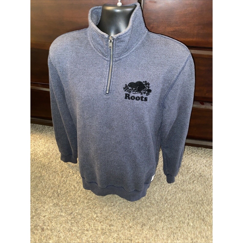 Roots Sweater Adult Men's Size Medium‎ Bluish Gray 1/4 Zip Canada Beaver